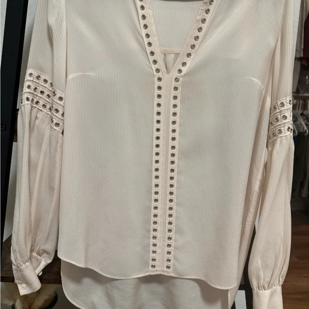 Veronica Beard Silk Blouse Cream Studded Trim Long Sleeve Boho Top - Picture 3 of 11